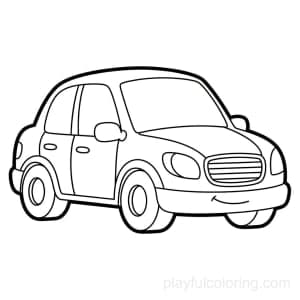 A sedan car with trunk outline, simple headlights and grille, friendly, circular wheels.