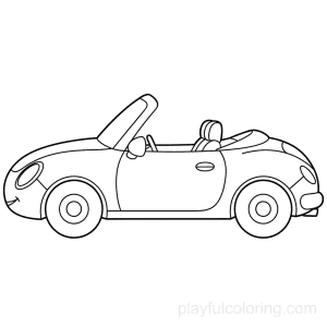 A convertible car in side view with a simple soft-top line, friendly shape, circular wheels.