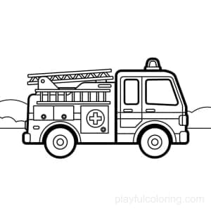 A rescue fire truck in side view with a small cross icon, circular wheels, calm horizon hint, clean outline.