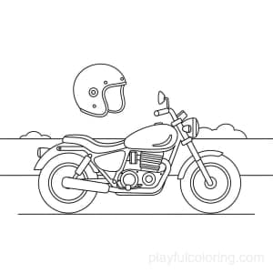 A motorcycle in side view with a simple helmet icon nearby, circular wheels, calm horizon hint, friendly, clean outline.