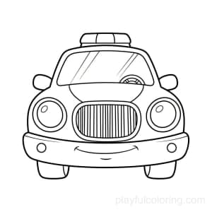 A police car in front view with round headlights, light bar hinted, friendly grille, wheels implied.