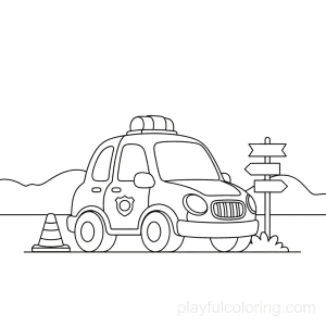 A police car with a small cone and a signpost icon nearby, circular wheels, calm horizon hint, friendly look.