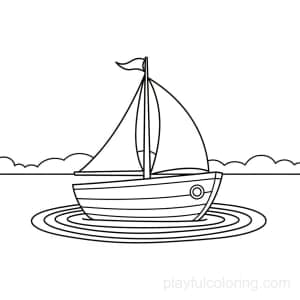 A sailboat with a small flag on the mast, circular waves, calm horizon hint, friendly look.