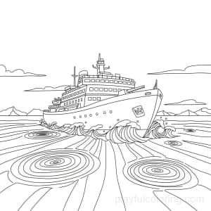 An icebreaker ship in side view with a simple bow notch, circular waves, calm scene, clean outline.