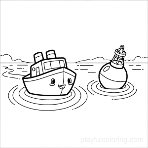 A ship passing a simple buoy icon, circular waves, calm scene, friendly look, clean outline.