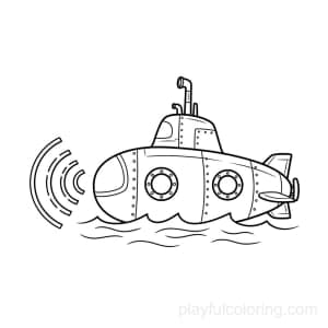 A submarine in side view with a simple sonar ping icon, circular portholes, gentle wave lines, friendly proportions.