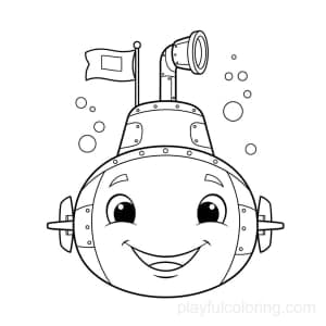 A submarine in front view with a tiny flag on the periscope, bubbles implied, friendly vibe, centered.