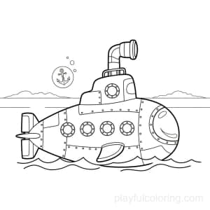 A submarine in side view with a small anchor icon nearby, circular portholes, gentle waves, calm horizon hint, friendly look, clean outline.