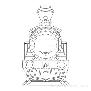 A train engine in front view with a round headlight, buffer outline, wheels implied, friendly grille.