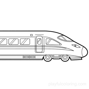 A high-speed train in side view with a streamlined nose, window stripe, circular wheels implied, calm scene, clean outline.