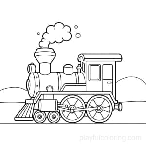 A steam train engine in side view with a small smoke puff icon, circular wheels, friendly proportions, calm horizon hint.