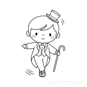 A tap dancer with a small top hat and cane, gentle motion lines near the feet, centered.