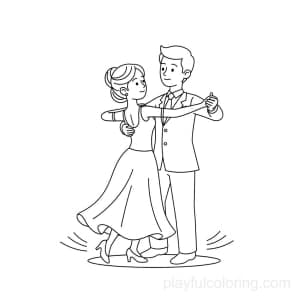 A ballroom dancer couple in a gentle waltz hold, simple dress outlines, calm motion lines, centered.