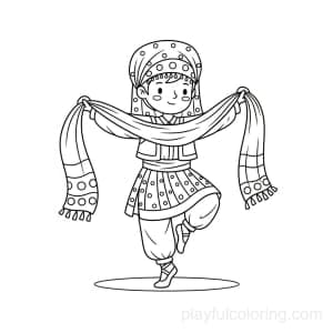A traditional dancer with a scarf, friendly smile, simple pattern lines, hint of ground, calm pose.