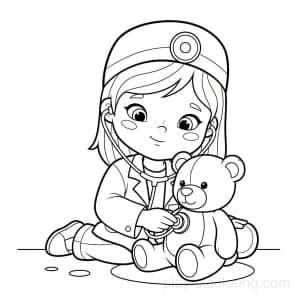 A doctor checking a teddy bear with a stethoscope, caring pose, hint of ground.