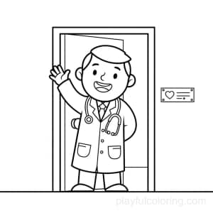 A doctor waving in a doorway with a nameplate icon, welcoming, friendly scene, centered.