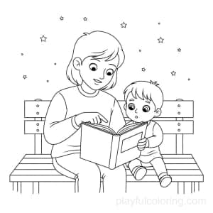 A parent reading a book to a child on a bench, calm scene, tiny stars.