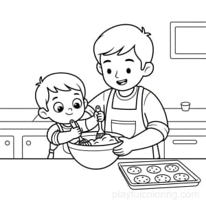 A parent and child baking cookies together, mixing bowl and tray, friendly scene.