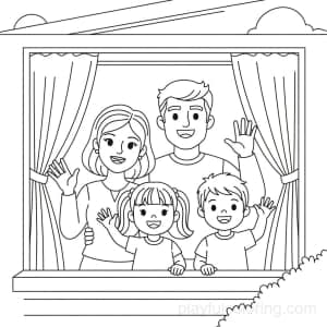 A family waving from a window with simple curtains, friendly smiles, centered.