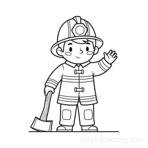 A firefighter holding an axe icon safely, friendly wave, gentle lines, hint of ground.