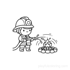 A firefighter spraying water on a small campfire icon, safe scene, tiny splash lines, centered.