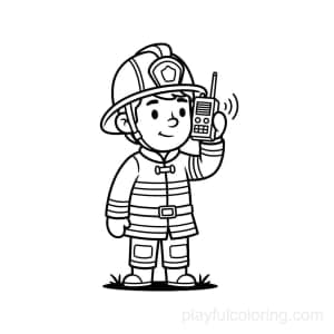 A firefighter holding a radio icon, listening, calm stance, hint of ground, friendly.
