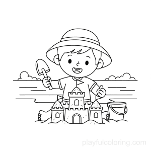 A child building a sandcastle with a bucket and a small shovel, calm scene.