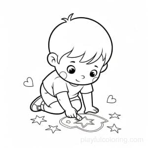 A child drawing with chalk on the ground, stars and heart icons, friendly pose.