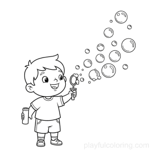A child blowing soap bubbles with a wand, floating bubbles, calm scene.