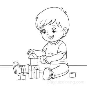 A child playing with building blocks, a small tower, focused yet happy, seated.