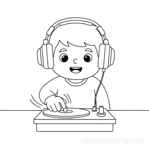 A DJ at a small turntable with headphones, friendly smile, gentle motion lines, centered.