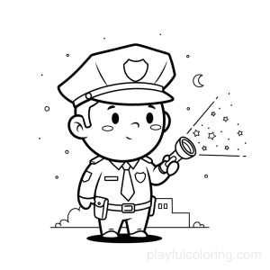 A police officer with a flashlight icon, looking around, calm scene, tiny stars, friendly.