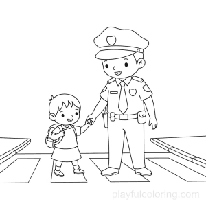 A police officer helping a small child cross icon, caring gesture, friendly scene, gentle lines, centered.