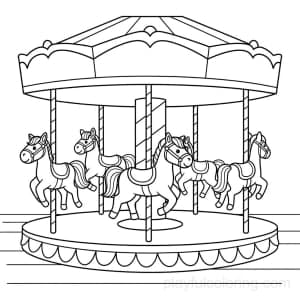A carousel with simple horses outline, friendly layout, calm scene, clean lines.