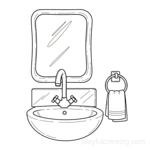 A bathroom sink with a faucet and a mirror outline, a towel on the side, friendly layout, clean lines.