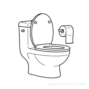 A toilet outline with a simple lid and a paper holder, safe and neutral, friendly style, clean lines.