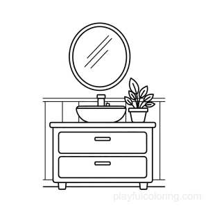 A bathroom cabinet with drawers outline, a mirror above, a plant pot, calm scene, friendly style.