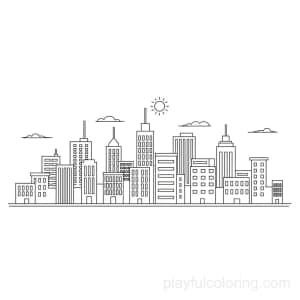 A city skyline with simple buildings and tiny windows, a small sun, calm horizon, centered.