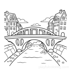 A city bridge over a small river line, buildings at both ends, calm horizon, friendly style.