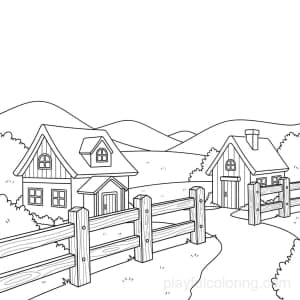A village edge with a fence and two cottages, distant hills, friendly scene, clean lines.