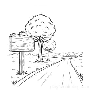 A countryside lane with a wooden sign and two trees, distant cottage outline, calm horizon, friendly scene.