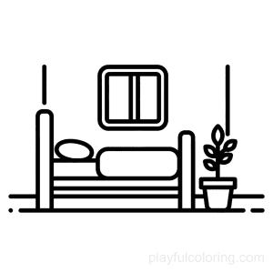 A patient room icon: bed outline and window, a plant pot, friendly layout, calm scene.