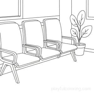 A hospital waiting area icon: chairs outline and a plant, calm scene, friendly layout, clean lines.