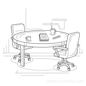 An office meeting table with two chairs, a notepad icon, calm scene, friendly composition, clean lines.