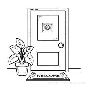An office door with a simple sign icon and a welcome mat, a nearby plant, friendly layout, calm scene.