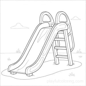 A playground slide with a ladder and a simple platform, friendly proportions, hint of ground.