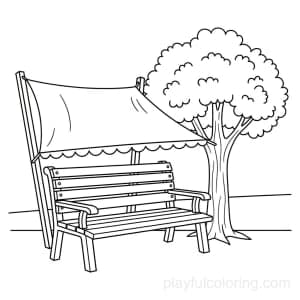 A playground bench and shade sail outline, a nearby tree, friendly composition, calm scene.