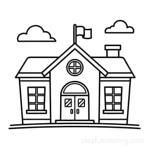 A school building in front view with a simple facade, door and windows, a small flag on the roof, calm scene.