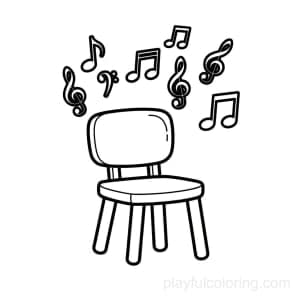 A music room icon: note symbols and a simple chair, calm scene, friendly style, clean lines.