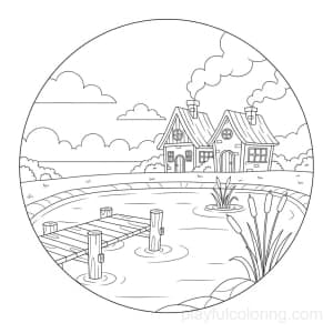 A village pond with a small pier and reeds, two houses behind, calm horizon, friendly composition, centered.